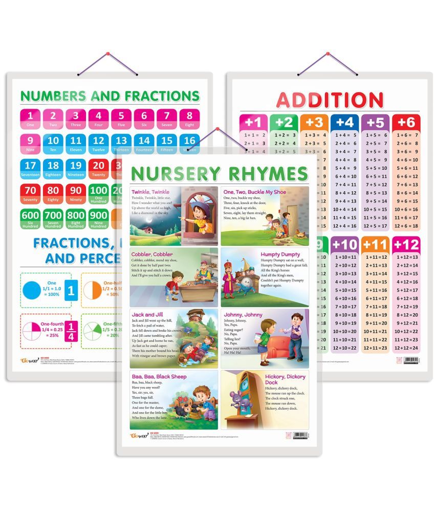     			Set of 3 ADDITION, NUMBERS AND FRACTIONS and NURSERY RHYMES Early Learning Educational Charts for Kids | 20"X30" inch |Non-Tearable and Waterproof | Double Sided Laminated | Perfect for Homeschooling, Kindergarten and Nursery Students