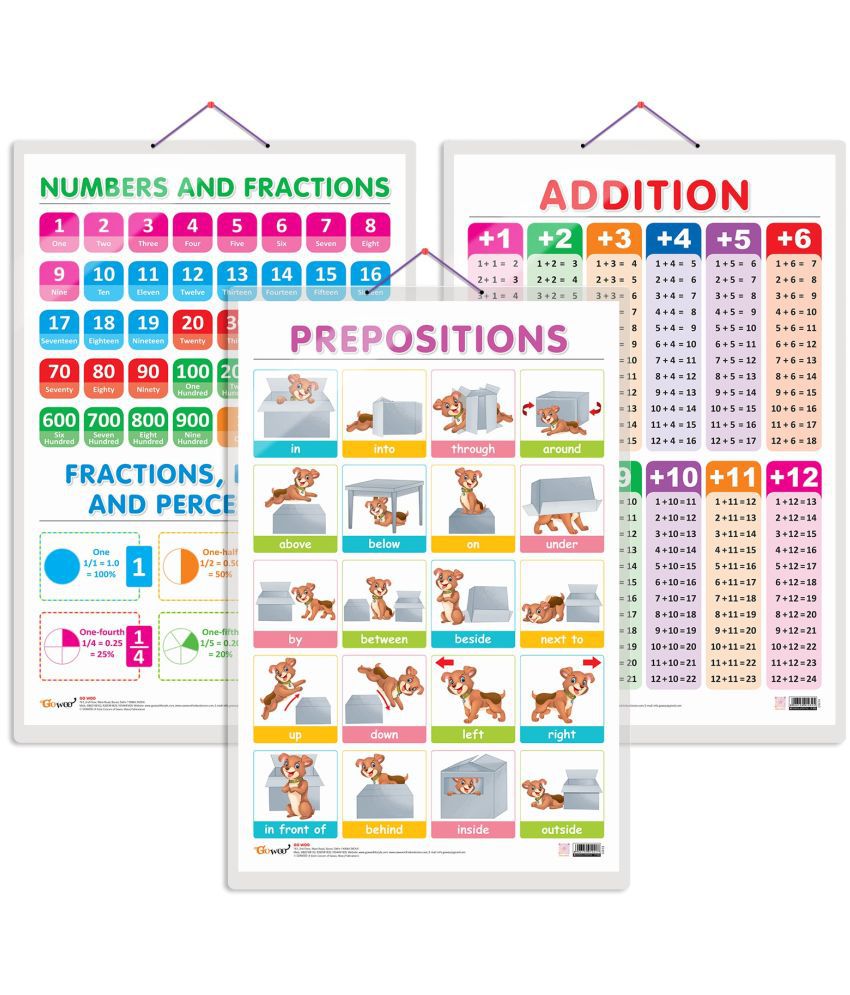     			Set of 3 ADDITION, NUMBERS AND FRACTIONS and PREPOSITIONS Early Learning Educational Charts for Kids | 20"X30" inch |Non-Tearable and Waterproof | Double Sided Laminated | Perfect for Homeschooling, Kindergarten and Nursery Students