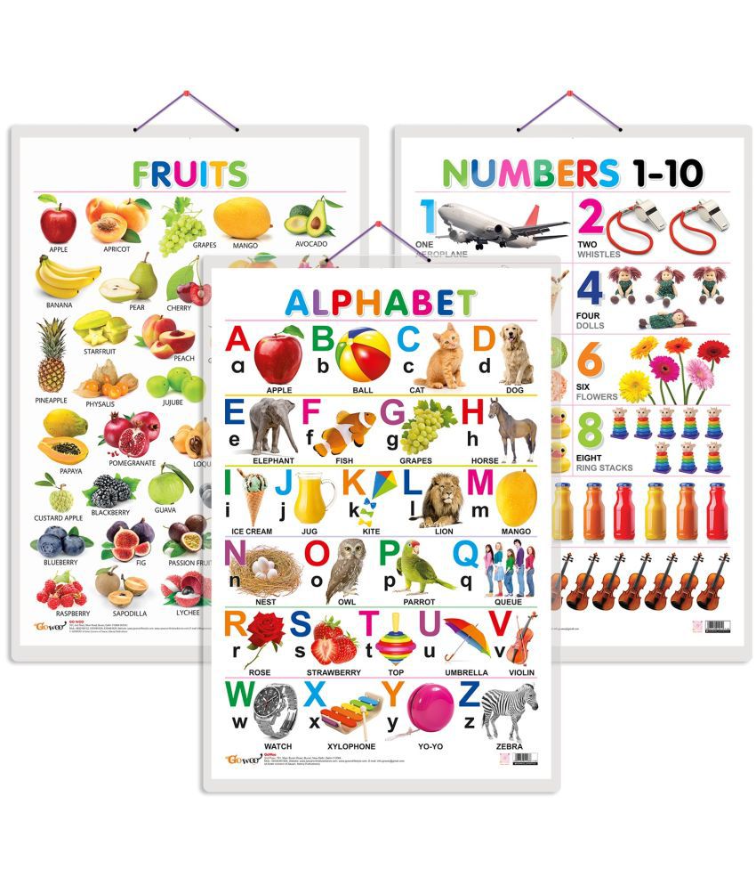     			Set of 3 Alphabet, Fruits and Numbers 1-10 Early Learning Educational Charts for Kids | 20"X30" inch |Non-Tearable and Waterproof | Double Sided Laminated | Perfect for Homeschooling, Kindergarten and Nursery Students