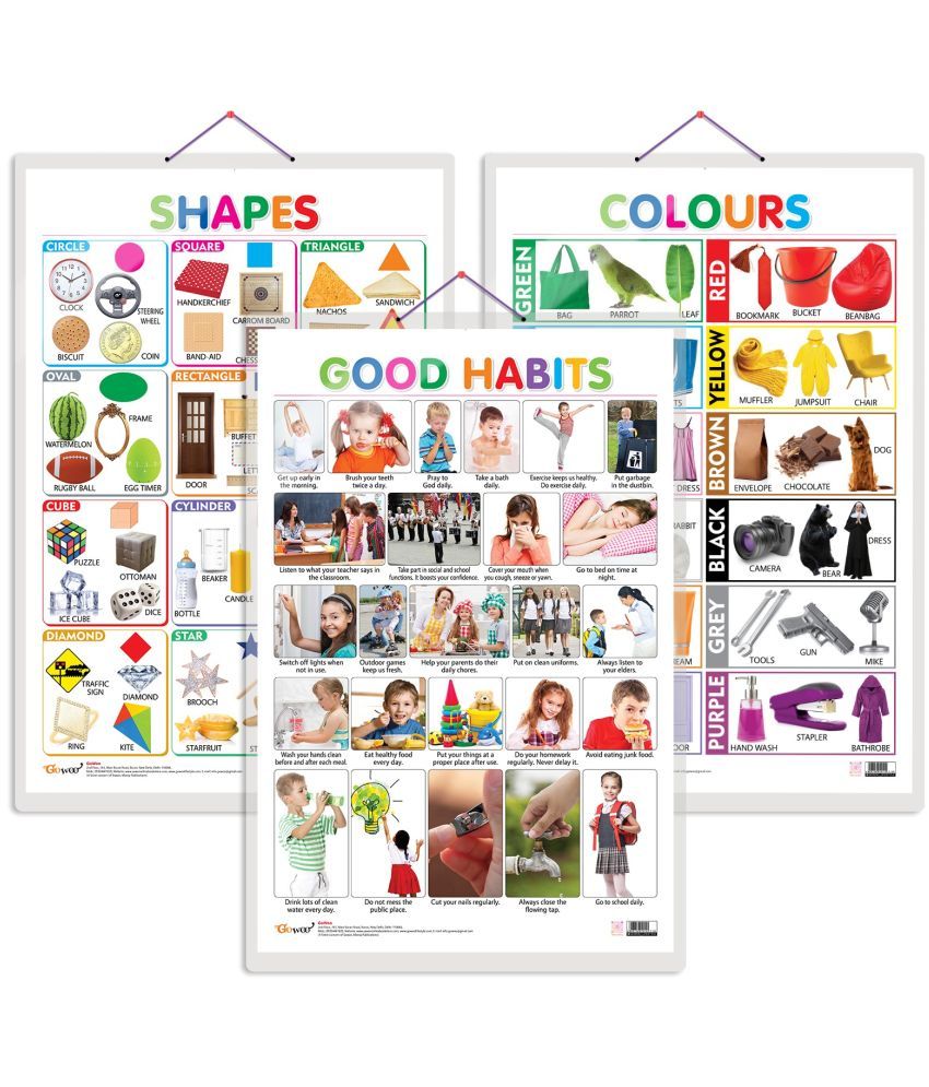     			Set of 3 Colours, Shapes and Good Habits Early Learning Educational Charts for Kids | 20"X30" inch |Non-Tearable and Waterproof | Double Sided Laminated | Perfect for Homeschooling, Kindergarten and Nursery Students