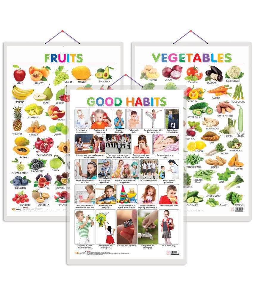     			Set of 3 Fruits, Vegetables and Good Habits Early Learning Educational Charts for Kids | 20"X30" inch |Non-Tearable and Waterproof | Double Sided Laminated | Perfect for Homeschooling, Kindergarten and Nursery Students