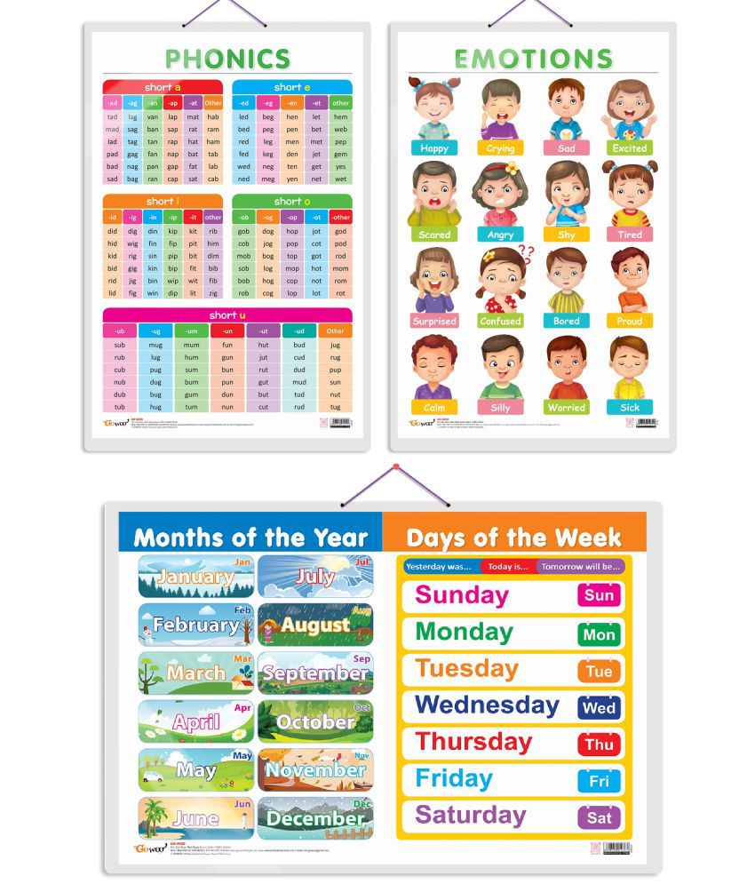     			Set of 3 MONTHS OF THE YEAR AND DAYS OF THE WEEK, EMOTIONS and PHONICS - 1 Early Learning Educational Charts for Kids | 20"X30" inch |Non-Tearable and Waterproof | Double Sided Laminated | Perfect for Homeschooling, Kindergarten and Nursery Students