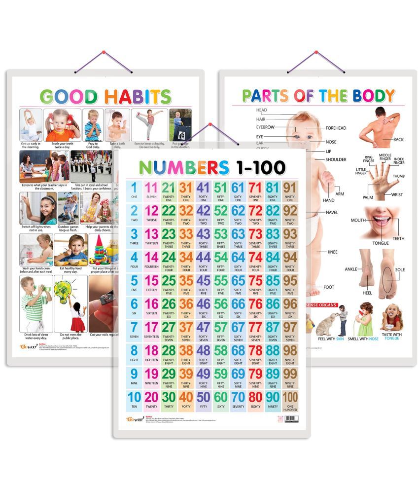     			Set of 3 Parts of the Body, Good Habits and Numbers 1-100 Early Learning Educational Charts for Kids | 20"X30" inch |Non-Tearable and Waterproof | Double Sided Laminated | Perfect for Homeschooling, Kindergarten and Nursery Students