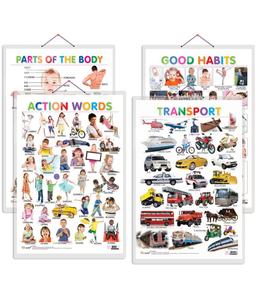     			Set of 4 Parts of the Body, Good Habits, Action Words and Transport Early Learning Educational Charts for Kids | 20"X30" inch |Non-Tearable and Waterproof | Double Sided Laminated | Perfect for Homeschooling, Kindergarten and Nursery Students