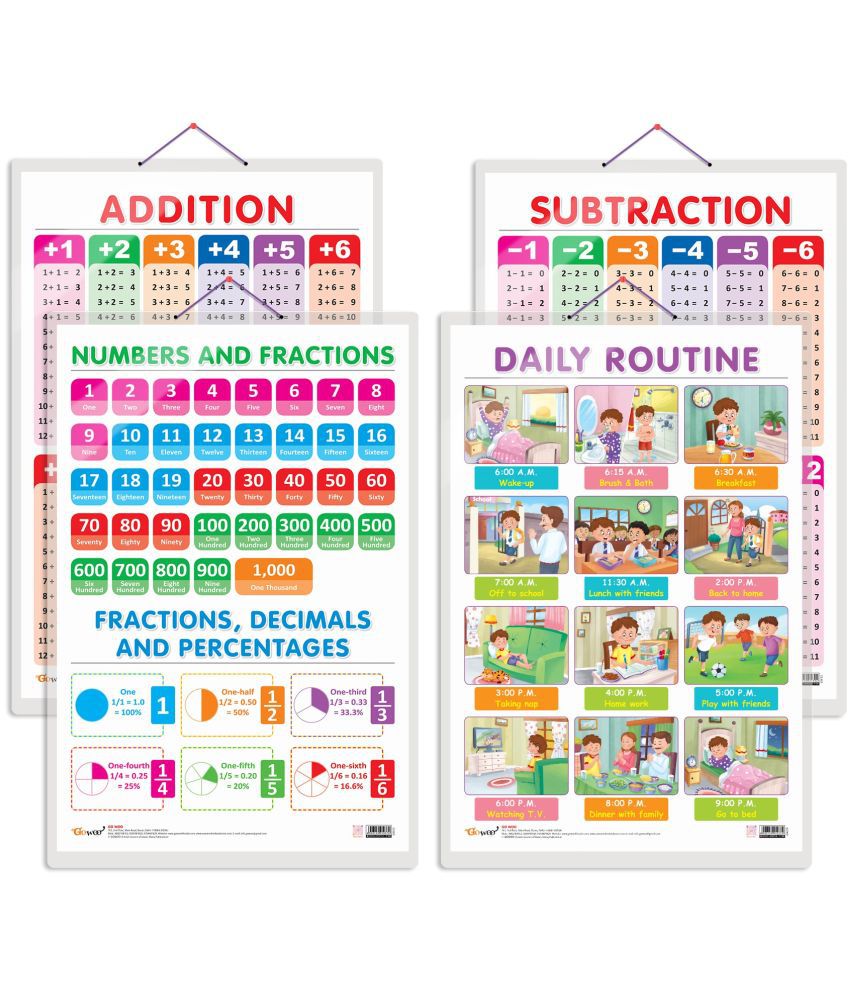     			Set of 4 SUBTRACTION, ADDITION, NUMBERS AND FRACTIONS and DAILY ROUTINE Early Learning Educational Charts for Kids | 20"X30" inch |Non-Tearable and Waterproof | Double Sided Laminated | Perfect for Homeschooling, Kindergarten and Nursery Students