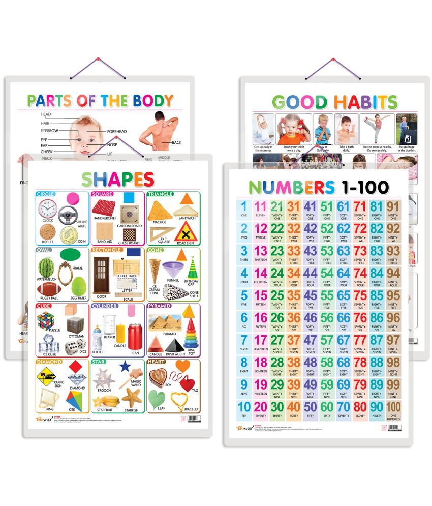     			Set of 4 Shapes, Parts of the Body, Good Habits and Numbers 1-100 Early Learning Educational Charts for Kids | 20"X30" inch |Non-Tearable and Waterproof | Double Sided Laminated | Perfect for Homeschooling, Kindergarten and Nursery Students