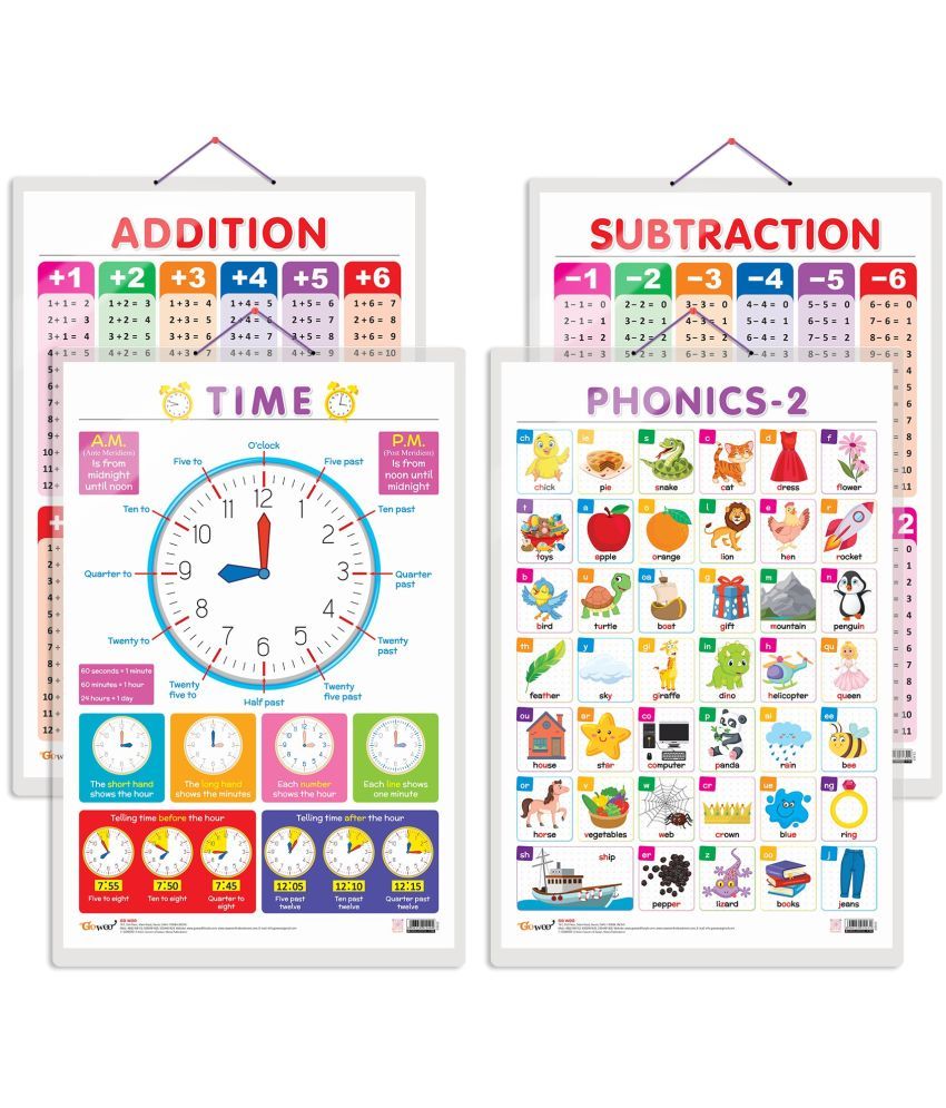     			Set of 4 TIME, SUBTRACTION, ADDITION and PHONICS - 2 Early Learning Educational Charts for Kids | 20"X30" inch |Non-Tearable and Waterproof | Double Sided Laminated | Perfect for Homeschooling, Kindergarten and Nursery Students