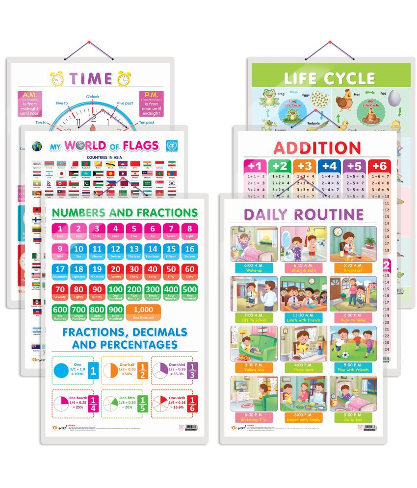     			Set of 6 My World of Flags, Life Cycle, TIME, ADDITION, NUMBERS AND FRACTIONS and DAILY ROUTINE Early Learning Educational Charts for Kids