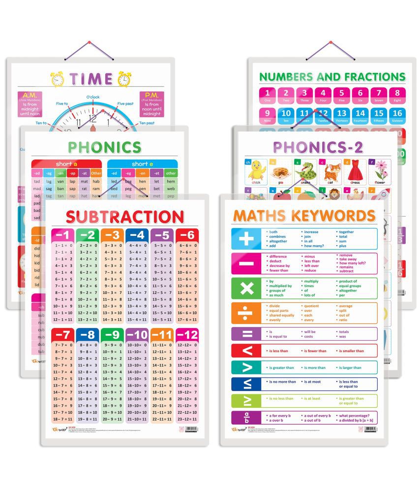     			Set of 6 TIME, SUBTRACTION, NUMBERS AND FRACTIONS, MATHS KEYWORDS, PHONICS - 1 and PHONICS - 2 Early Learning Educational Charts for Kids