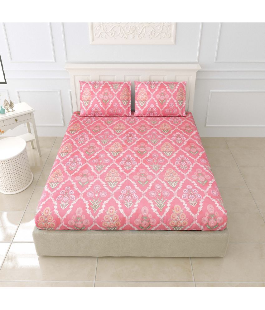     			Idalia Home Glace Cotton Abstract Double Bedsheet with 2 Pillow Covers - Pink