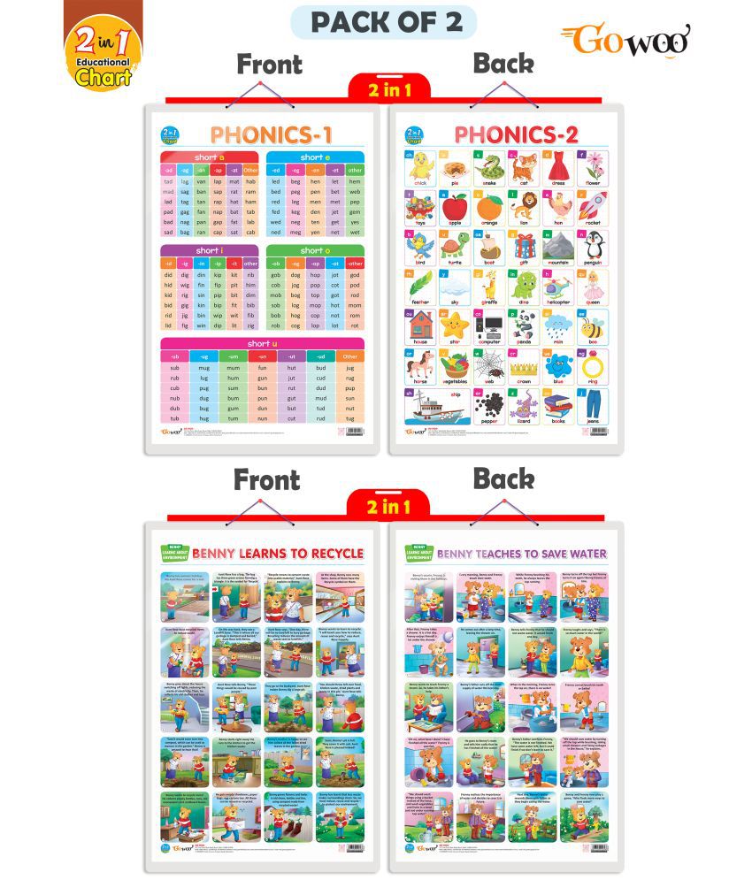     			Set of 2 |2 IN 1 PHONICS 1 AND PHONICS 2 and 2 IN 1 BENNY LEARNS TO RECYCLE AND BENNY TEACHES TO SAVE WATER  Early Learning Educational Charts for Kids |