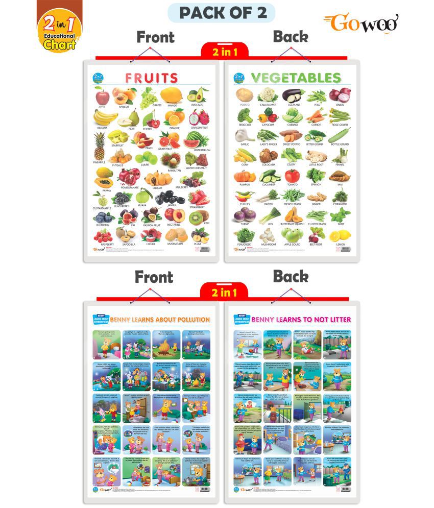     			Set of 2 |2 IN 1 FRUITS AND VEGETABLES and 2 IN 1 BENNY LEARNS ABOUT POLLUTION AND BENNY LEARNS NOT TO LITTER Early Learning Educational Charts for Kid