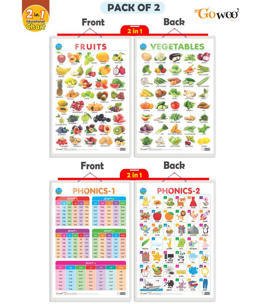     			Set of 2 | 2 IN 1 FRUITS AND VEGETABLES and 2 IN 1 PHONICS 1 AND PHONICS 2 Early Learning Educational Charts for Kids  | 20"X30" inch |Non-Tearable and Waterproof | Double Sided Laminated | Perfect for Homeschooling, Kindergarten and Nursery Students