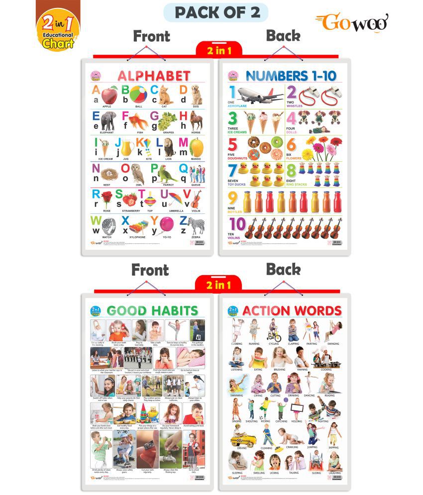     			Set of 2 | 2 IN 1 ALPHABET AND NUMBER 1-10 and 2 IN 1 GOOD HABITS AND ACTION WORDS Early Learning Educational Charts for Kids