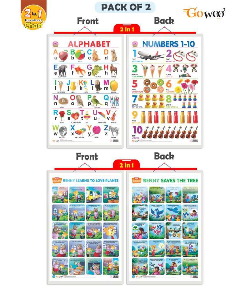     			Set of 2 | 2 IN 1 ALPHABET AND NUMBER 1-10 and 2 IN 1 BENNY LEARNS TO LOVE PLANTS AND BENNY SAVES THE TREE Early Learning Educational Charts for Kids