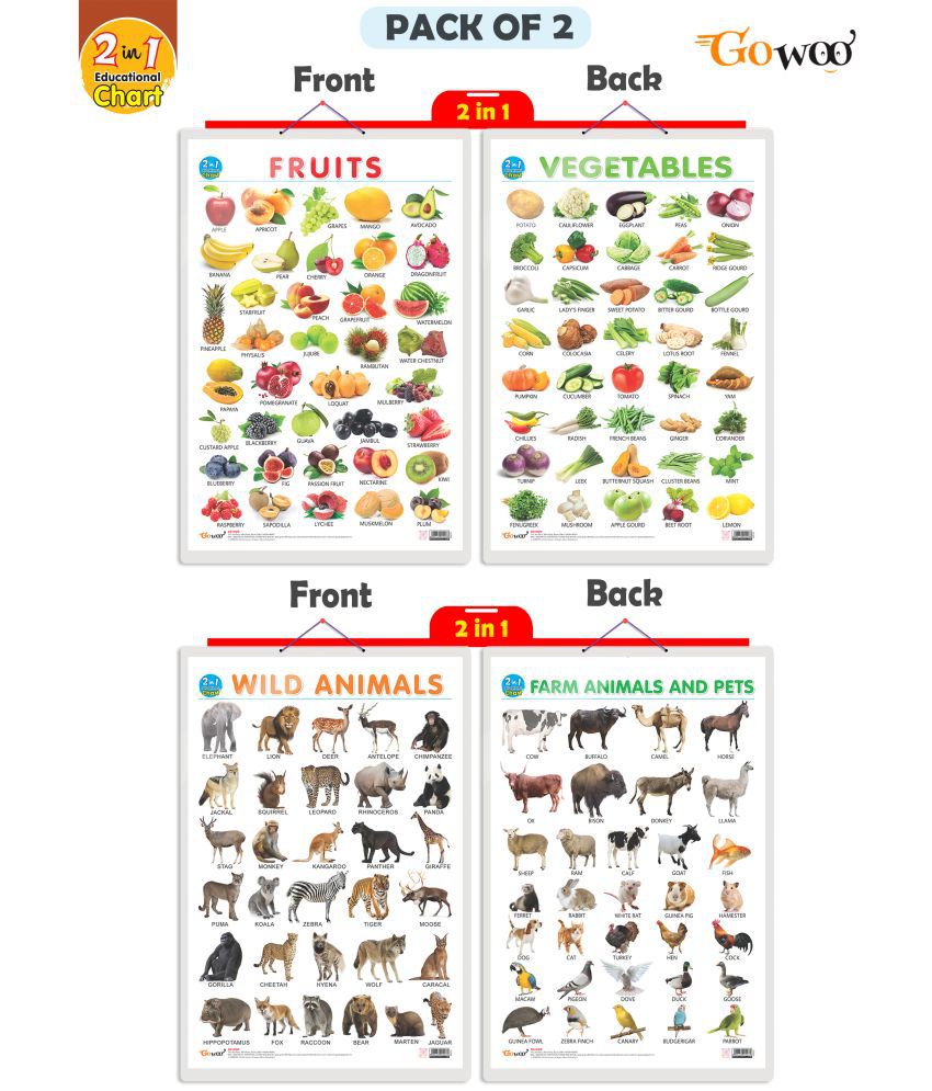     			Set of 2 | 2 IN 1 FRUITS AND VEGETABLES and 2 IN 1 WILD AND FARM ANIMALS & PETS Early Learning Educational Charts for Kids | 20"X30" inch |Non-Tearable and Waterproof | Double Sided Laminated | Perfect for Homeschooling, Kindergarten and Nursery Students