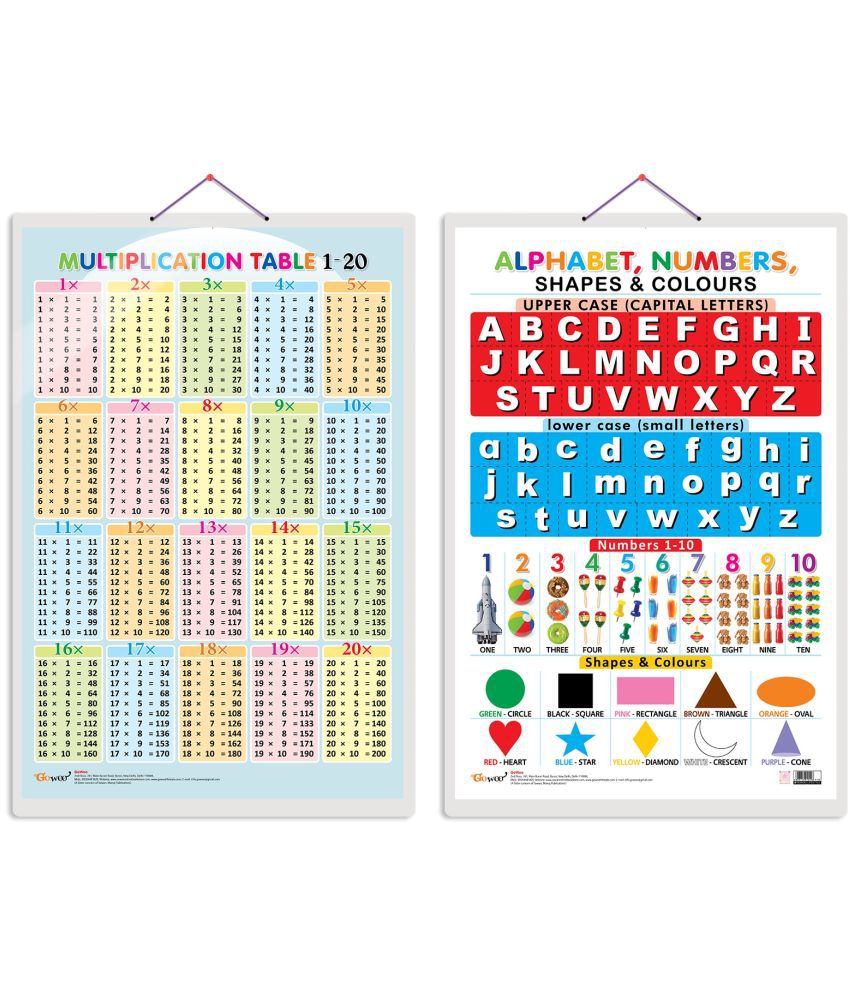     			Set of 2 Multiplication Table 1-20 and Alphabet, Numbers, Shapes & Colours Early Learning Educational Charts for Kids | 20"X30" inch |Non-Tearable and Waterproof | Double Sided Laminated | Perfect for Homeschooling, Kindergarten and Nursery Students
