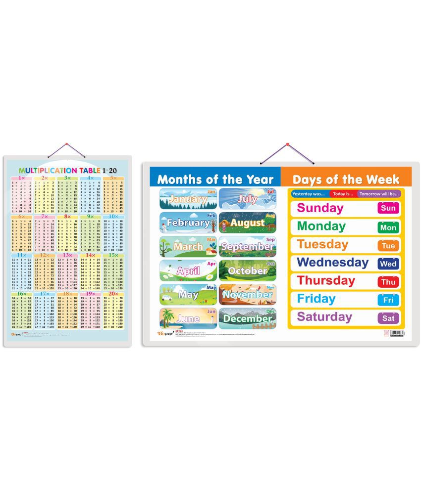     			Set of 2 Multiplication Table 1-20 and MONTHS OF THE YEAR AND DAYS OF THE WEEK Early Learning Educational Charts for Kids | 20"X30" inch |Non-Tearable and Waterproof | Double Sided Laminated | Perfect for Homeschooling, Kindergarten and Nursery Students
