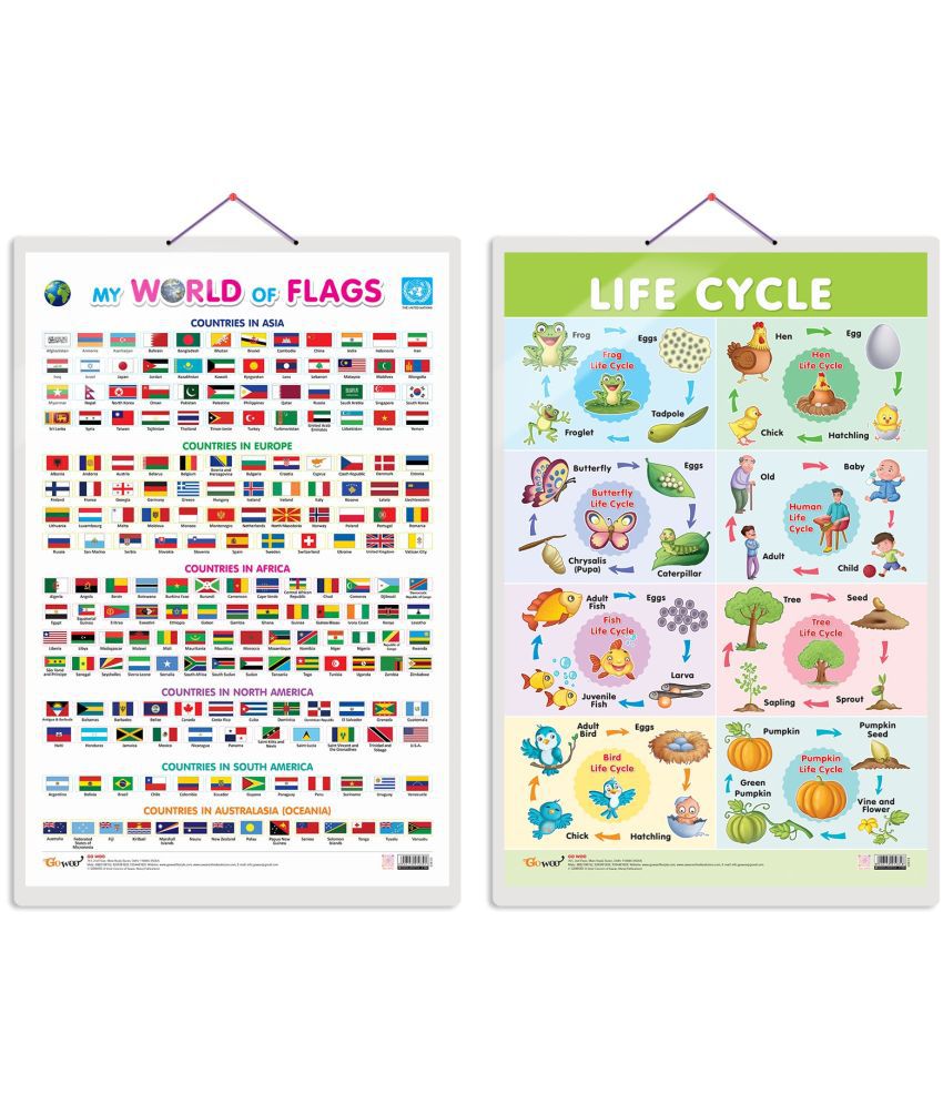     			Set of 2 My World of Flags and Life Cycle Early Learning Educational Charts for Kids | 20"X30" inch |Non-Tearable and Waterproof | Double Sided Laminated | Perfect for Homeschooling, Kindergarten and Nursery Students