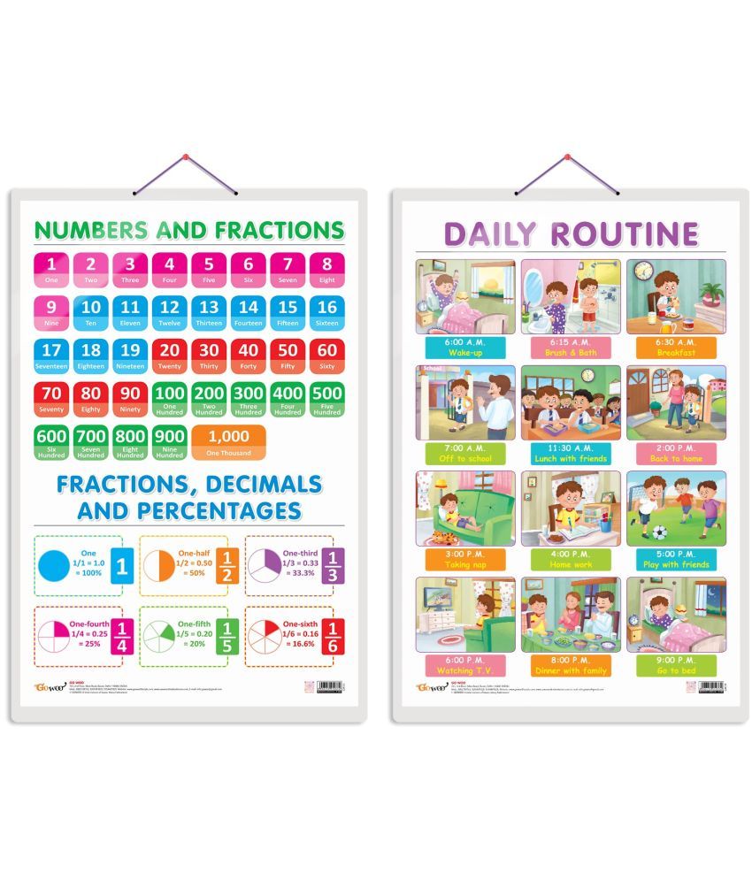     			Set of 2 NUMBERS AND FRACTIONS and DAILY ROUTINE Early Learning Educational Charts for Kids | 20"X30" inch |Non-Tearable and Waterproof | Double Sided Laminated | Perfect for Homeschooling, Kindergarten and Nursery Students