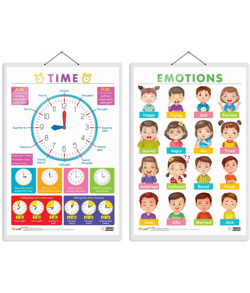     			Set of 2 TIME and EMOTIONS Early Learning Educational Charts for Kids | 20"X30" inch |Non-Tearable and Waterproof | Double Sided Laminated | Perfect for Homeschooling, Kindergarten and Nursery Students