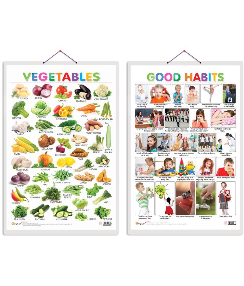     			Set of 2 Vegetables and Good Habits Early Learning Educational Charts for Kids | 20"X30" inch |Non-Tearable and Waterproof | Double Sided Laminated | Perfect for Homeschooling, Kindergarten and Nursery Students