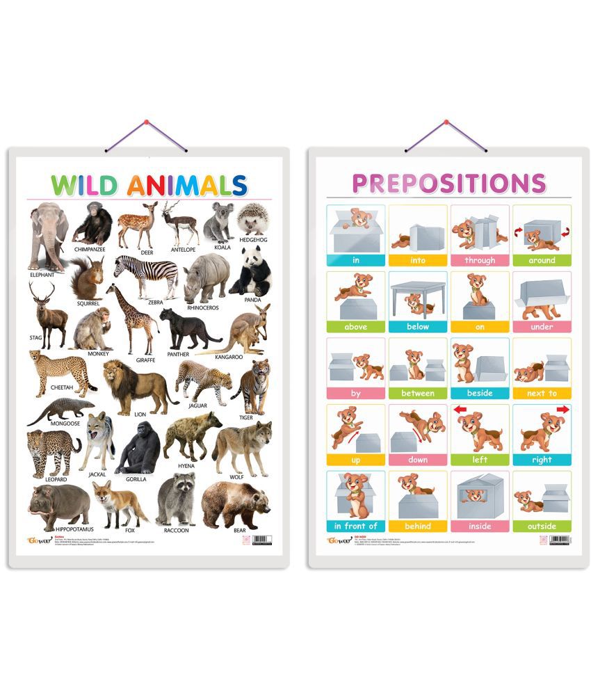     			Set of 2 Wild Animals and PREPOSITIONS Early Learning Educational Charts for Kids | 20"X30" inch |Non-Tearable and Waterproof | Double Sided Laminated | Perfect for Homeschooling, Kindergarten and Nursery Students