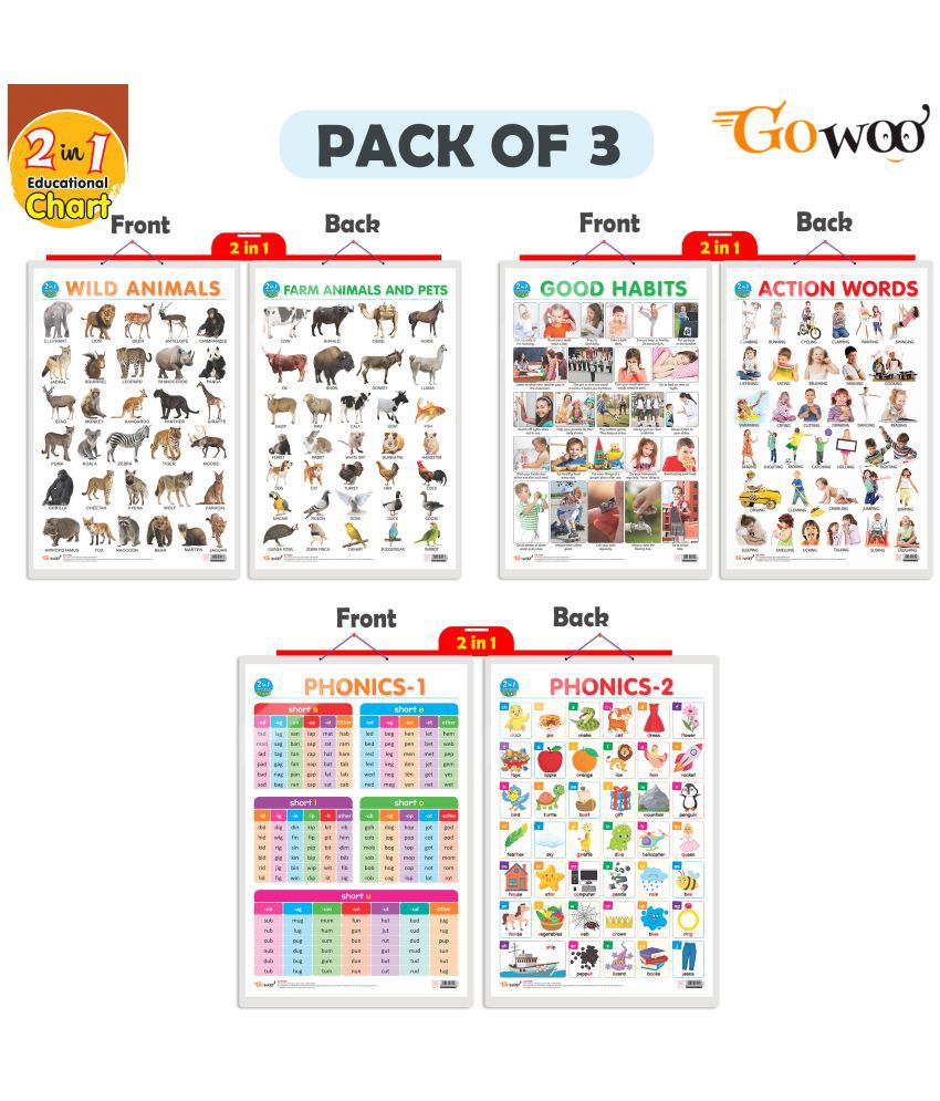     			Set of 3 |2 IN 1 WILD AND FARM ANIMALS & PETS, 2 IN 1 GOOD HABITS AND ACTION WORDS and 2 IN 1 PHONICS 1 AND PHONICS 2 Early Learning Educational Charts for Kids