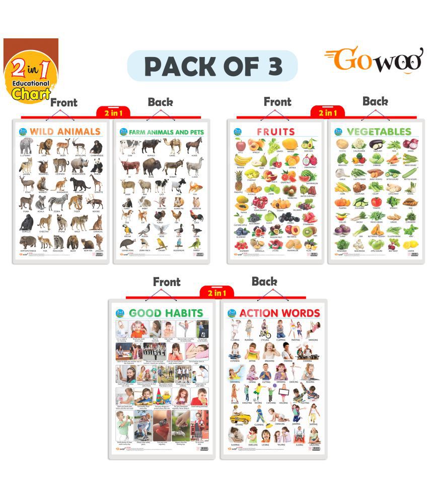     			Set of 3 |2 IN 1 FRUITS AND VEGETABLES, 2 IN 1 WILD AND FARM ANIMALS & PETS and 2 IN 1 GOOD HABITS AND ACTION WORDS Early Learning Educational Charts for Kids