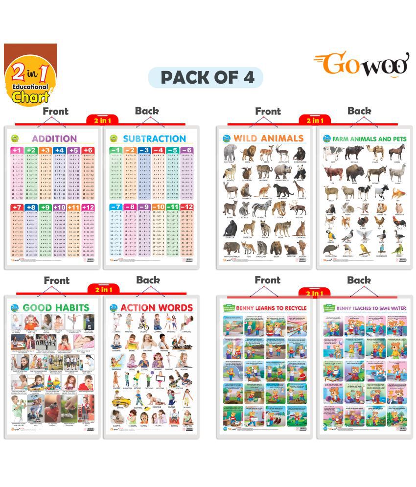     			Set of 4 |  2 IN 1 WILD AND FARM ANIMALS & PETS, 2 IN 1 GOOD HABITS AND ACTION WORDS, 2 IN 1 ADDITION AND SUBTRACTION and 2 IN 1 BENNY LEARNS TO RECYCLE AND BENNY TEACHES TO SAVE WATER