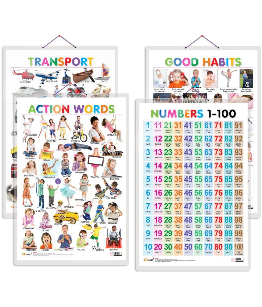     			Set of 4 Good Habits, Action Words, Transport and Numbers 1-100 Early Learning Educational Charts for Kids | 20"X30" inch |Non-Tearable and Waterproof | Double Sided Laminated | Perfect for Homeschooling, Kindergarten and Nursery Students