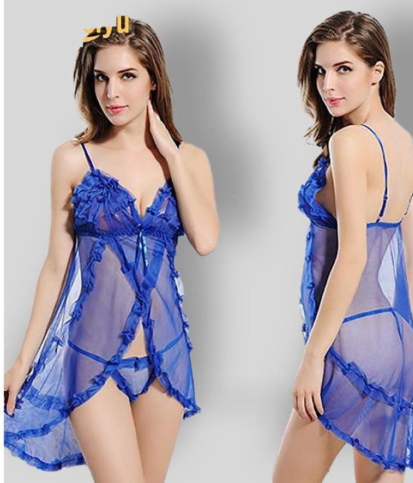     			Piquant - Blue Net Women's Nightwear Baby Doll Dresses With Panty ( Pack of 1 )