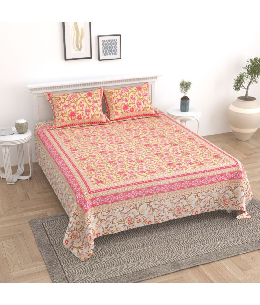     			Uniqchoice Cotton Floral King Size Bedsheet With 2 Pillow Covers - Orange