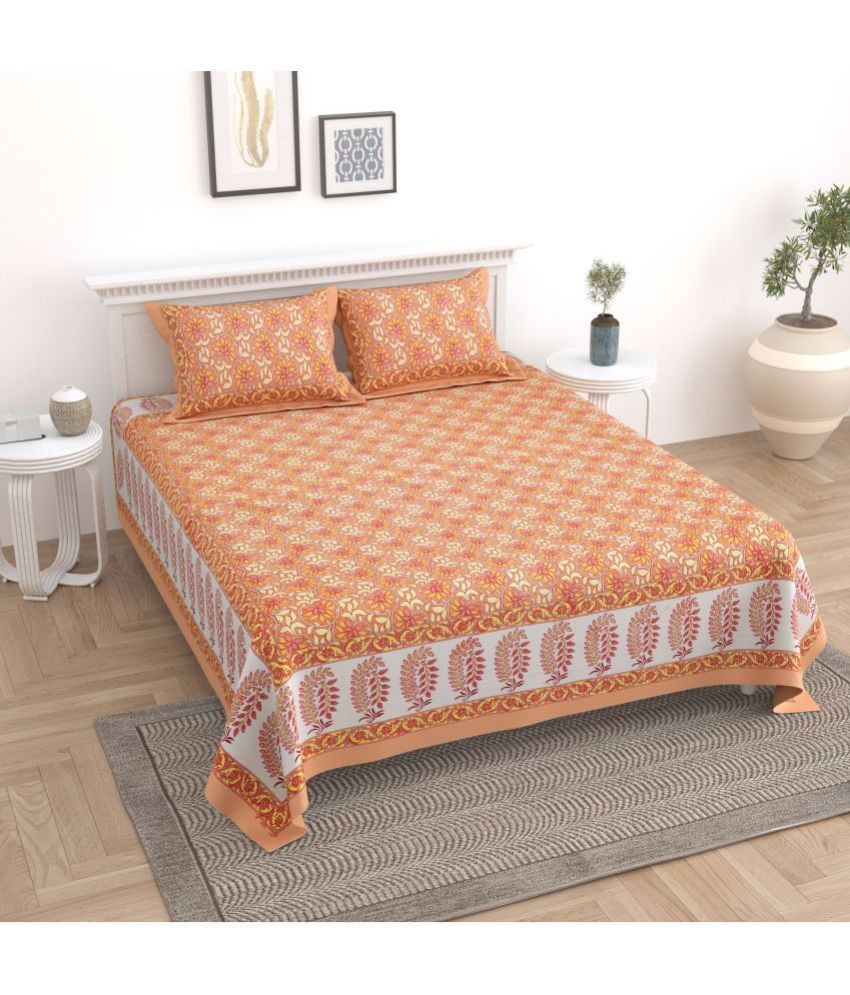     			Uniqchoice Cotton Floral King Size Bedsheet With 2 Pillow Covers - Orange