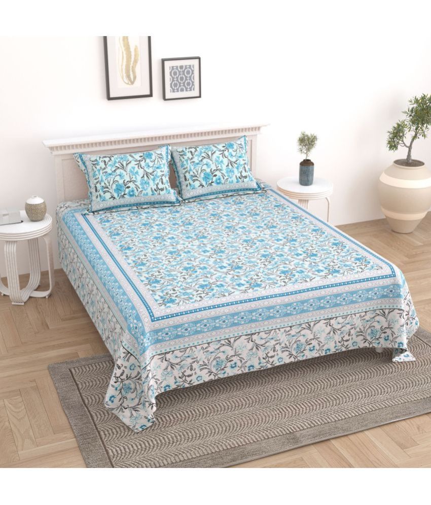     			Uniqchoice Cotton Floral King Size Bedsheet With 2 Pillow Covers - Blue