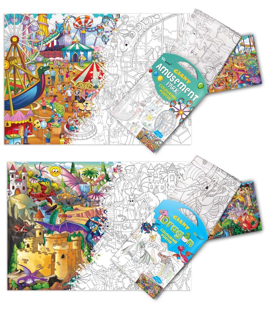     			GIANT AMUSEMENT PARK COLOURING Charts and GIANT DRAGON COLOURING Charts | Pack of 2 Charts I kids Creative coloring Charts