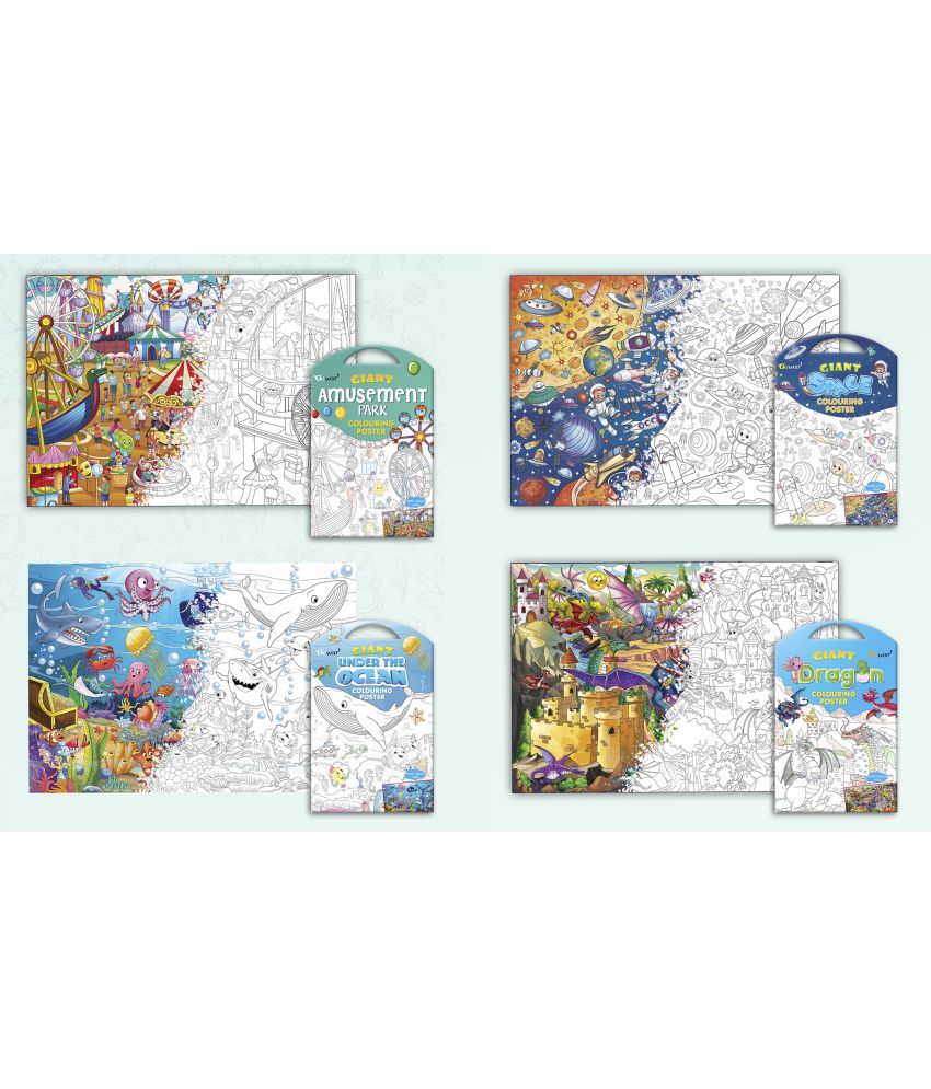     			GIANT AMUSEMENT PARK COLOURING POSTER, GIANT SPACE COLOURING POSTER, GIANT UNDER THE OCEAN COLOURING POSTER and GIANT DRAGON COLOURING POSTER | Gift Pack of 4 Posters I kids coloring starter kit