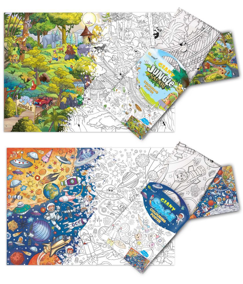    			GIANT JUNGLE SAFARI COLOURING POSTER and GIANT SPACE COLOURING POSTER | I Gift Pack of 2 Posters I jumbo wall colouring posters