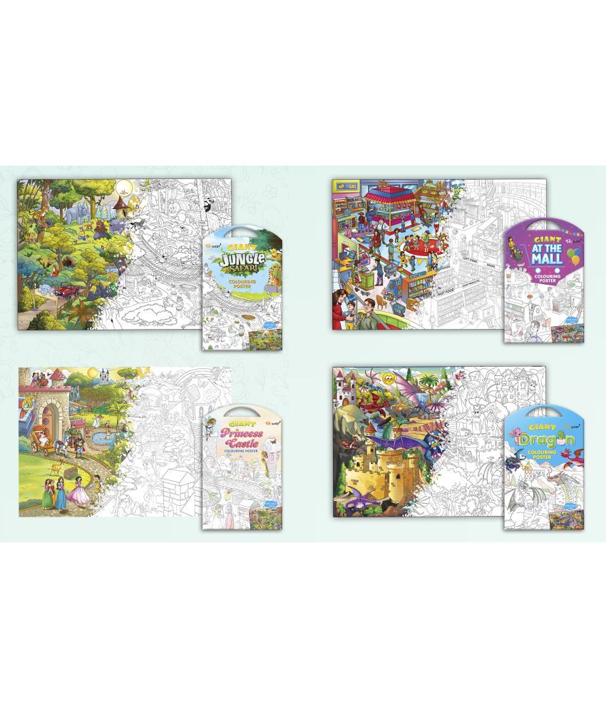     			GIANT JUNGLE SAFARI COLOURING POSTER, GIANT AT THE MALL COLOURING POSTER, GIANT PRINCESS CASTLE COLOURING POSTER and GIANT DRAGON COLOURING POSTER | Set of 4 Posters I Popular coloring posters