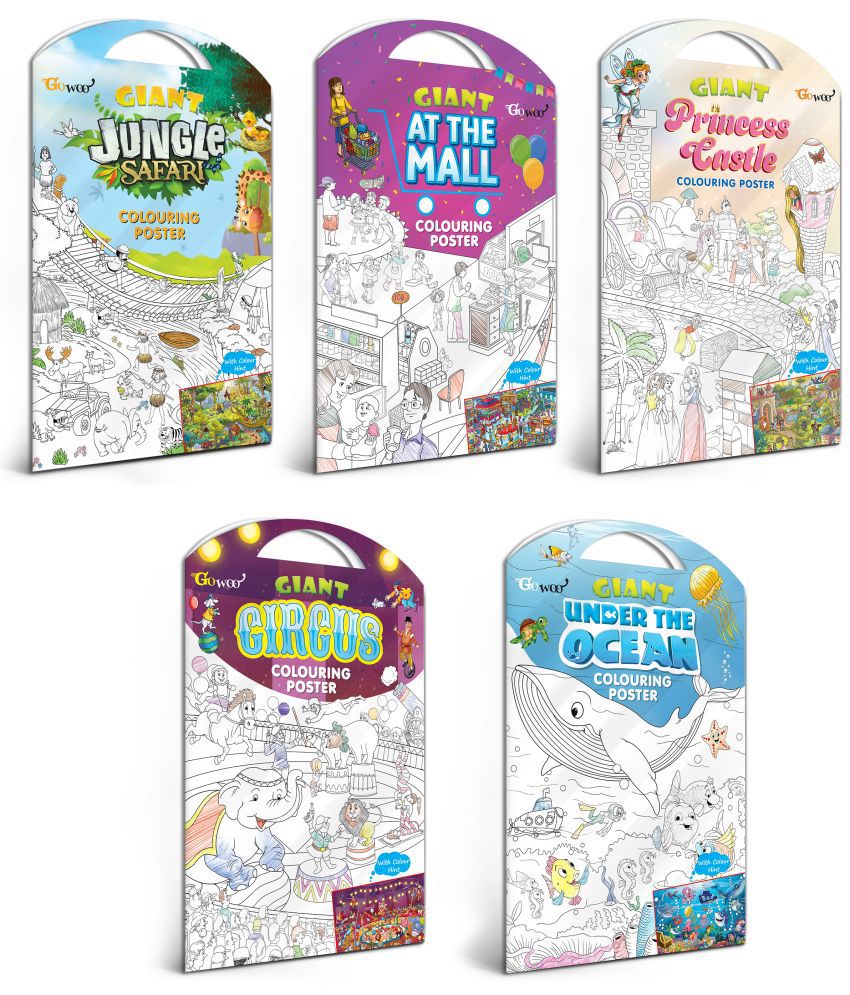     			GIANT JUNGLE SAFARI COLOURING POSTER, GIANT AT THE MALL COLOURING POSTER, GIANT PRINCESS CASTLE COLOURING POSTER, GIANT CIRCUS COLOURING POSTER and GIANT UNDER THE OCEAN COLOURING POSTER | Pack of 5 Posters I best colouring poster for children