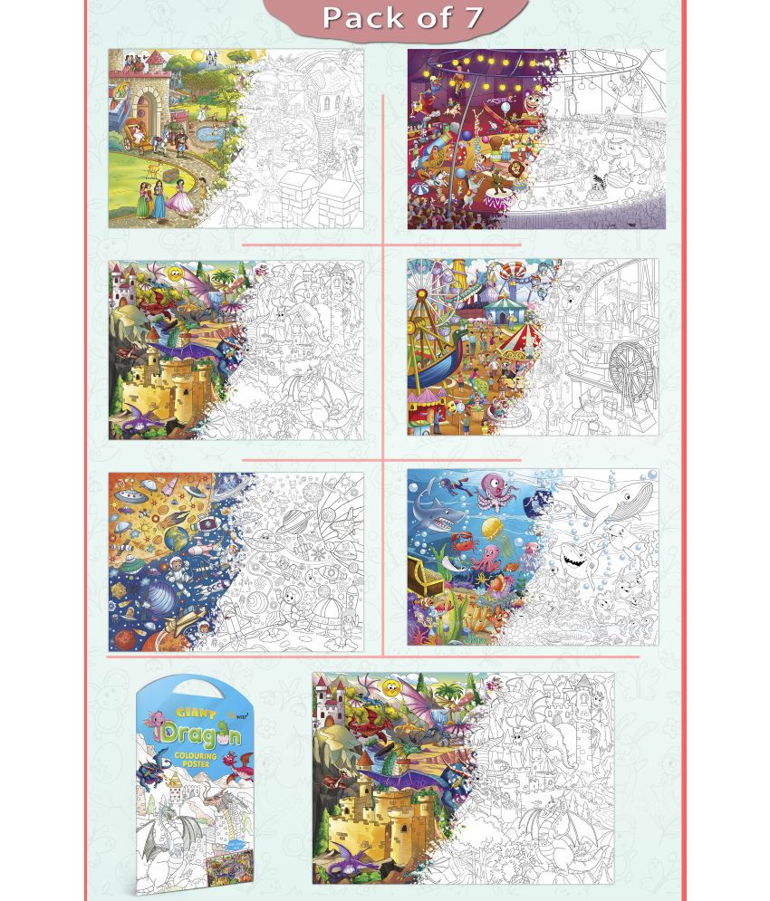     			GIANT PRINCESS CASTLE COLOURING , GIANT CIRCUS COLOURING , GIANT DINOSAUR COLOURING , GIANT AMUSEMENT PARK COLOURING , GIANT SPACE COLOURING , GIANT UNDER THE OCEAN COLOURING  and GIANT DRAGON COLOURING  | Gift Pack of 7 s I  Coloring s jumbo Pack