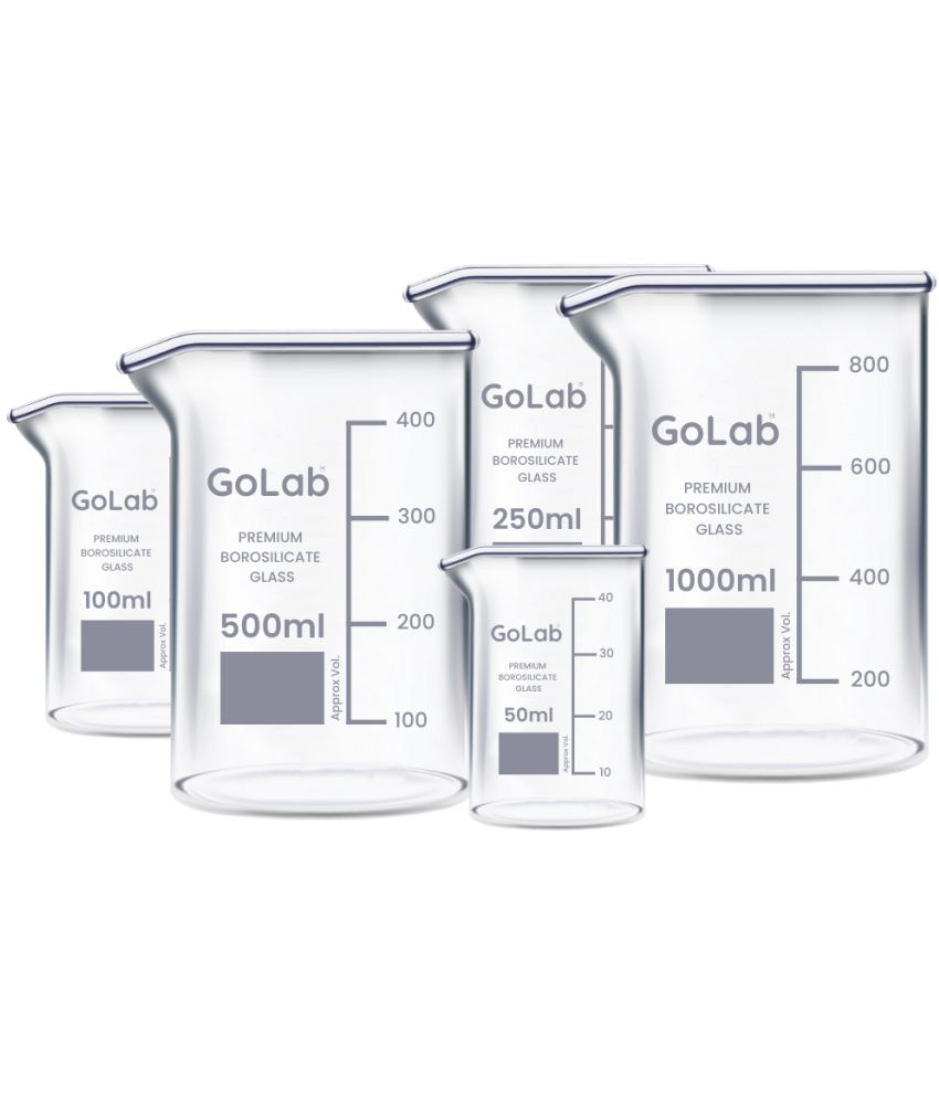     			GoLab Laboratory Premium Calibrated Borosilicate Glass Beaker Combo 50ml, 100ml, 250ml, 500ml, 1000ml with Graduation Marks and Spout - Pack of 5