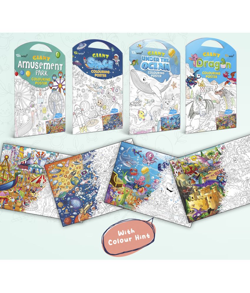     			GIANT AMUSEMENT PARK COLOURING POSTER, GIANT SPACE COLOURING POSTER, GIANT UNDER THE OCEAN COLOURING POSTER and GIANT DRAGON COLOURING POSTER | Pack of 4 Posters I Enchanted Coloring Combo