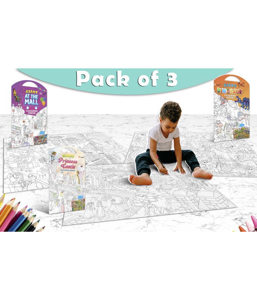     			GIANT AT THE MALL COLOURING POSTER, GIANT PRINCESS CASTLE COLOURING POSTER and GIANT DINOSAUR COLOURING POSTER | Set of 3 Charts I Best Engaging Products For Children