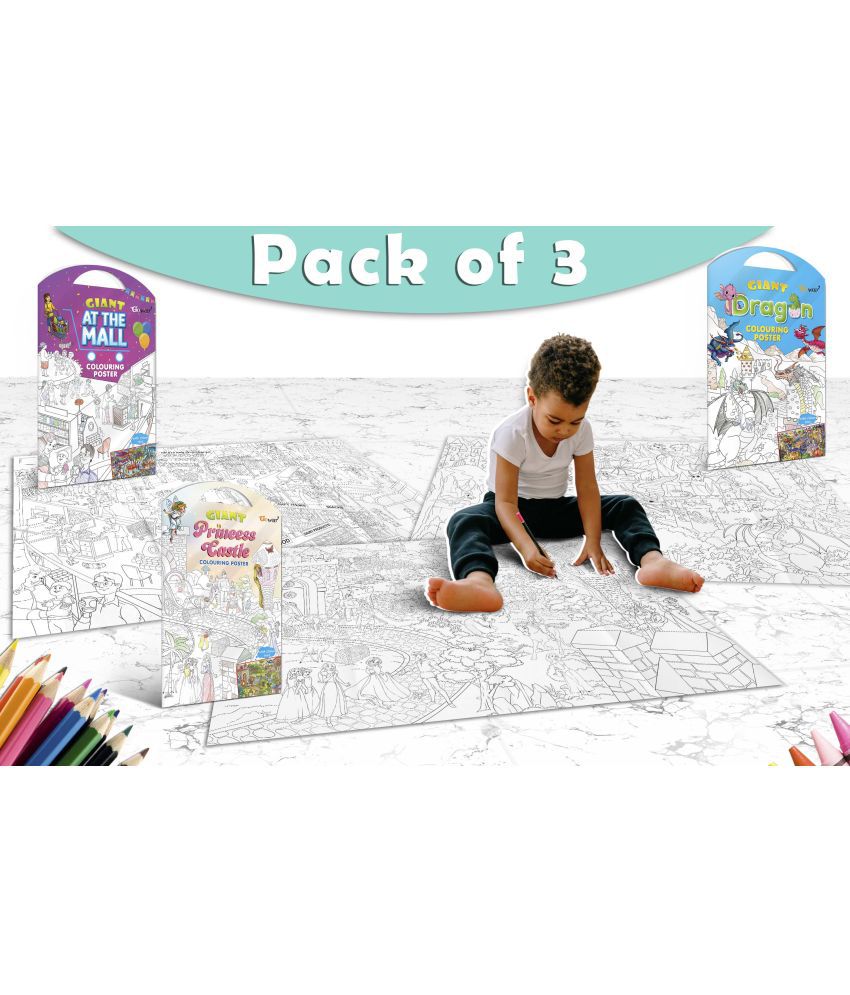     			GIANT AT THE MALL COLOURING POSTER, GIANT PRINCESS CASTLE COLOURING POSTER and GIANT DRAGON COLOURING POSTER | Combo pack of 3 Charts I Beautifully illustrated Posters For Children