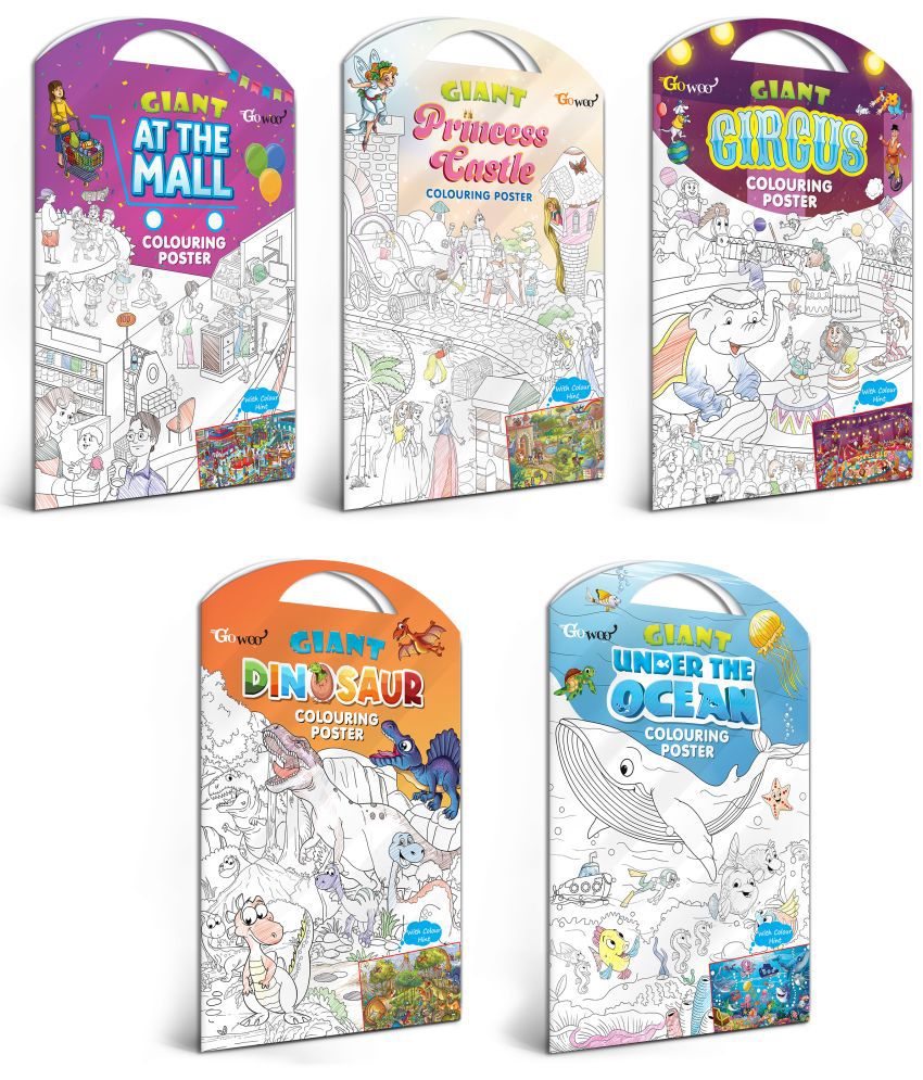     			GIANT AT THE MALL COLOURING POSTER, GIANT PRINCESS CASTLE COLOURING POSTER, GIANT CIRCUS COLOURING POSTER, GIANT DINOSAUR COLOURING POSTER and GIANT UNDER THE OCEAN COLOURING POSTER | Combo pack of 5 Posters I giant wall colouring posters