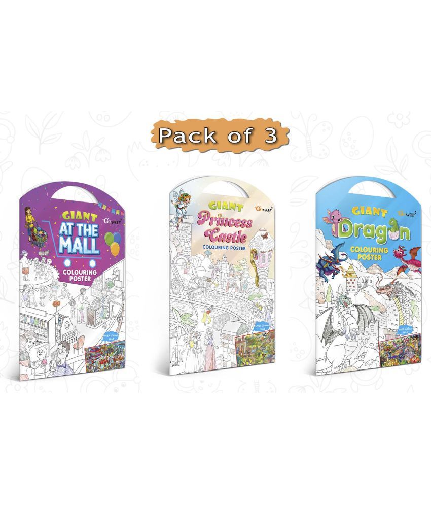     			GIANT AT THE MALL COLOURING POSTER, GIANT PRINCESS CASTLE COLOURING POSTER and GIANT DRAGON COLOURING POSTER | Combo of 3 Posters I Stress-relieving posters