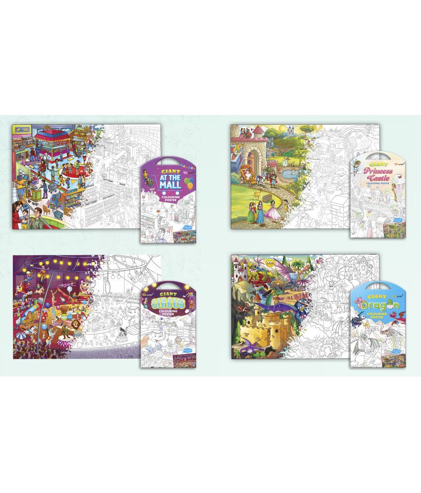     			GIANT AT THE MALL COLOURING POSTER, GIANT PRINCESS CASTLE COLOURING POSTER, GIANT CIRCUS COLOURING POSTER and GIANT DRAGON COLOURING POSTER | Pack of 4 Posters I Popular adults coloring posters