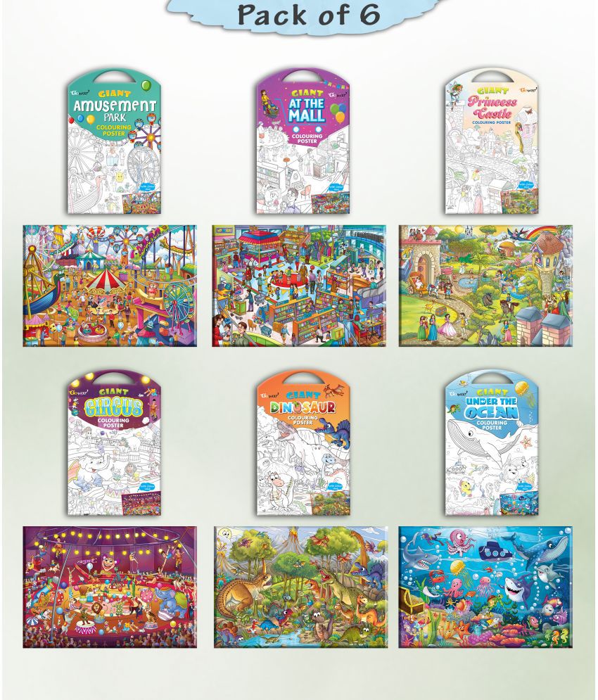     			GIANT AT THE MALL COLOURING , GIANT PRINCESS CASTLE COLOURING , GIANT CIRCUS COLOURING , GIANT DINOSAUR COLOURING , GIANT AMUSEMENT PARK COLOURING  and GIANT UNDER THE OCEAN COLOURING  | Set of 6 s I Coloring s Jumbo size Pack for gift