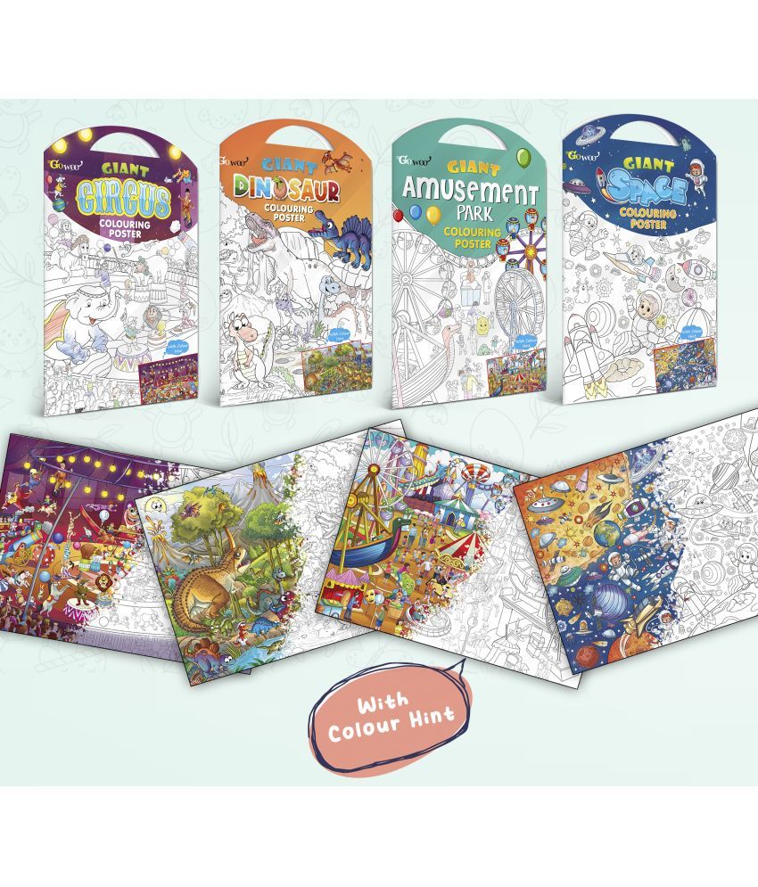     			GIANT CIRCUS COLOURING POSTER, GIANT DINOSAUR COLOURING POSTER, GIANT AMUSEMENT PARK COLOURING POSTER and GIANT SPACE COLOURING POSTER | Combo pack of 4 Posters I Best coloring posters for kids